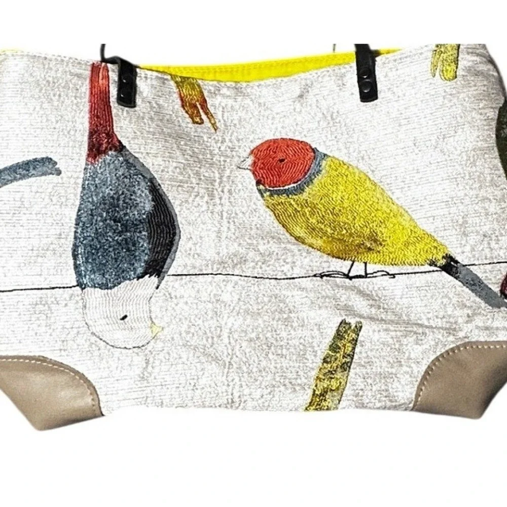 HandMade Bird Tapestry Tote Bag Womens Large Tan Embroidered Finch Design‎